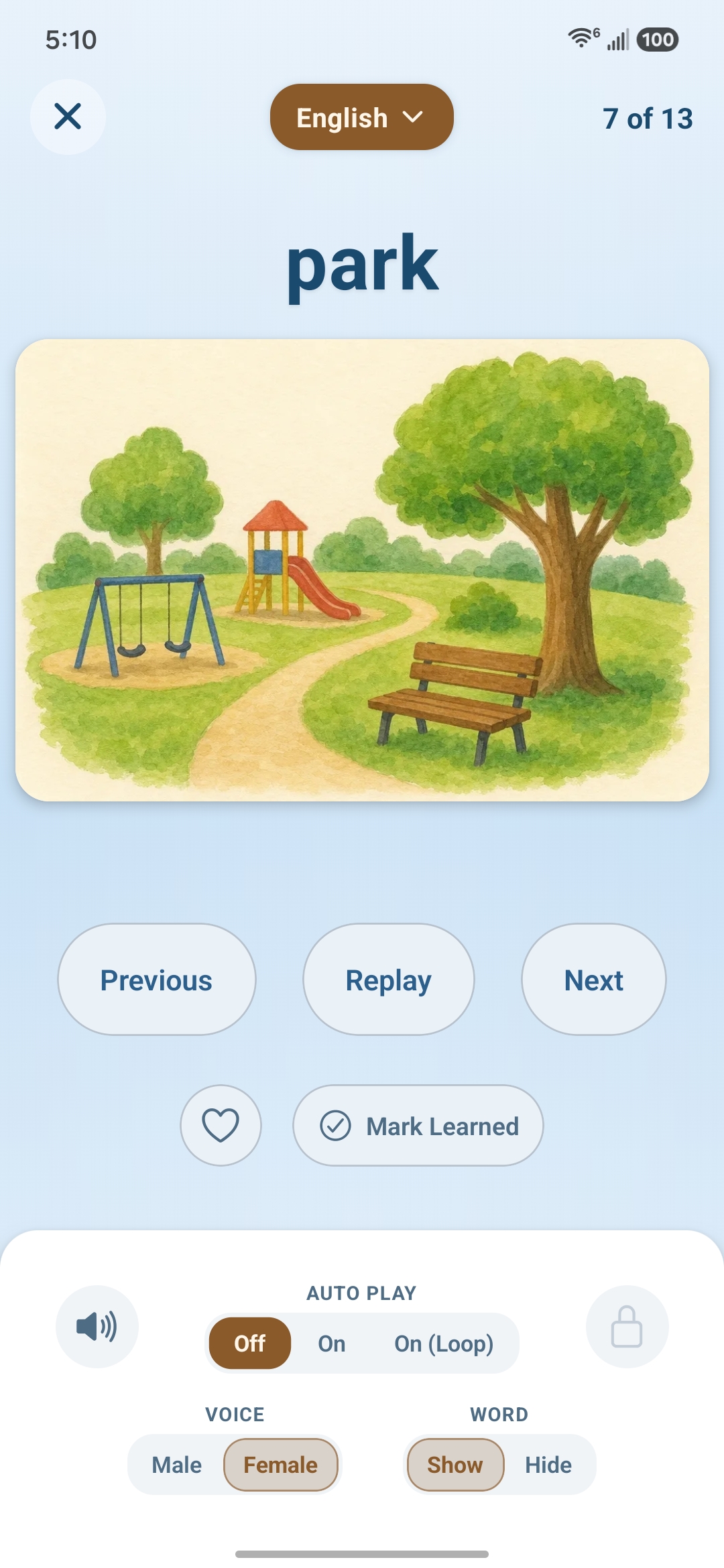 A flashcard in the Their First Words app: the word park with a watercolor illustration, a language selector, and a Male / Female voice toggle