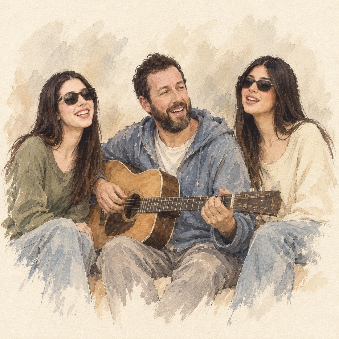 Watercolor illustration of Adam Sandler playing guitar beside Sadie and Sunny, who both wear sunglasses.