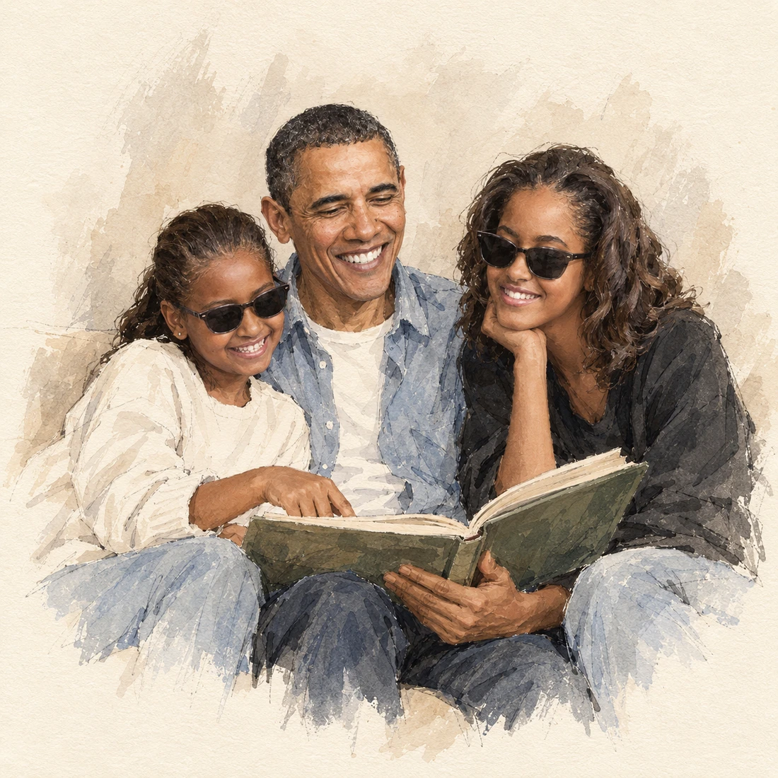 Watercolor illustration of Barack Obama sharing reading time with Malia and Sasha, both wearing sunglasses.