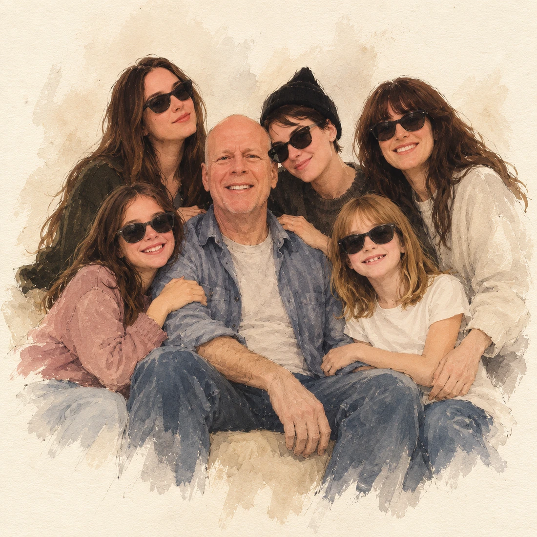 Watercolor illustration of Bruce Willis surrounded by his five daughters, each wearing sunglasses.
