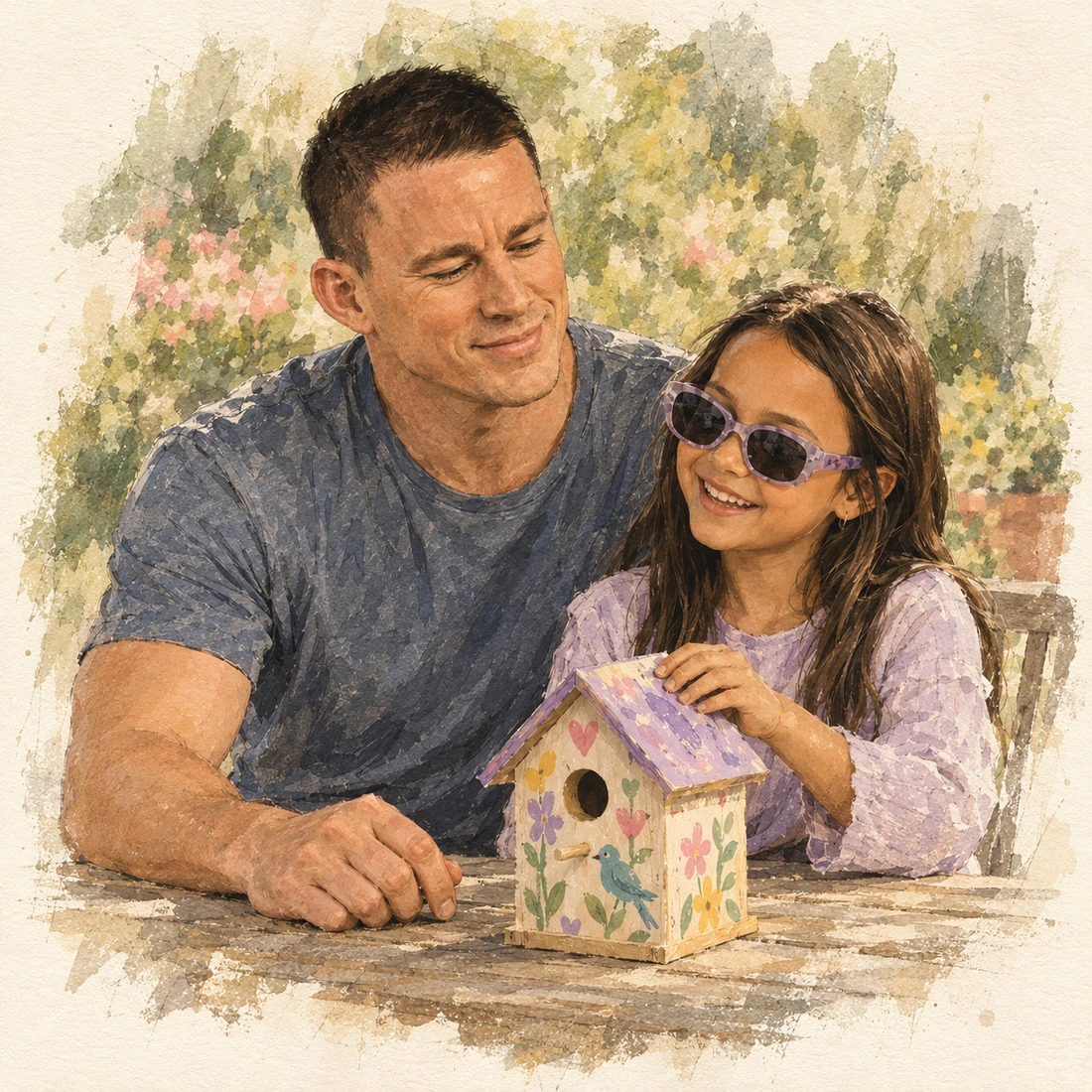 Watercolor illustration of Channing Tatum and young Everly beside a painted birdhouse; Everly wears sunglasses.