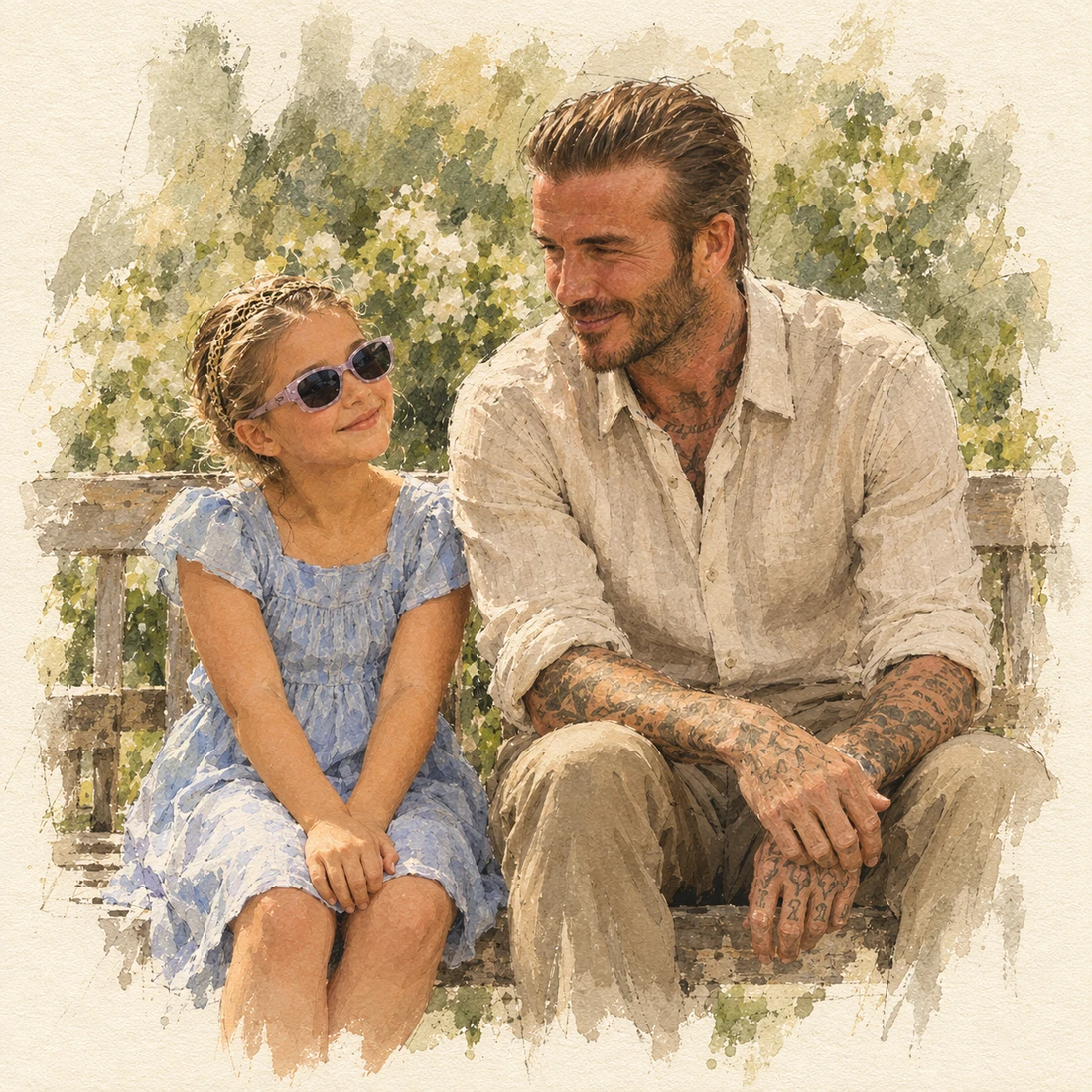 Watercolor illustration of David Beckham listening to young Harper on a garden bench; Harper wears sunglasses.