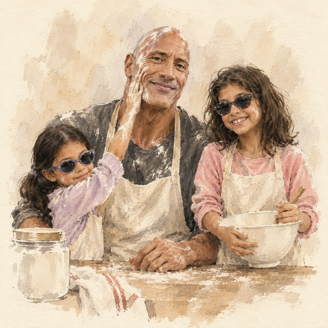 Watercolor illustration of Dwayne Johnson laughing with Jasmine and Tiana after a playful flour prank; both girls wear sunglasses.