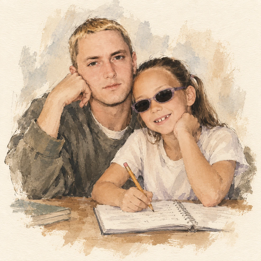 Watercolor illustration of Eminem helping young Hailie with a notebook; she wears sunglasses.