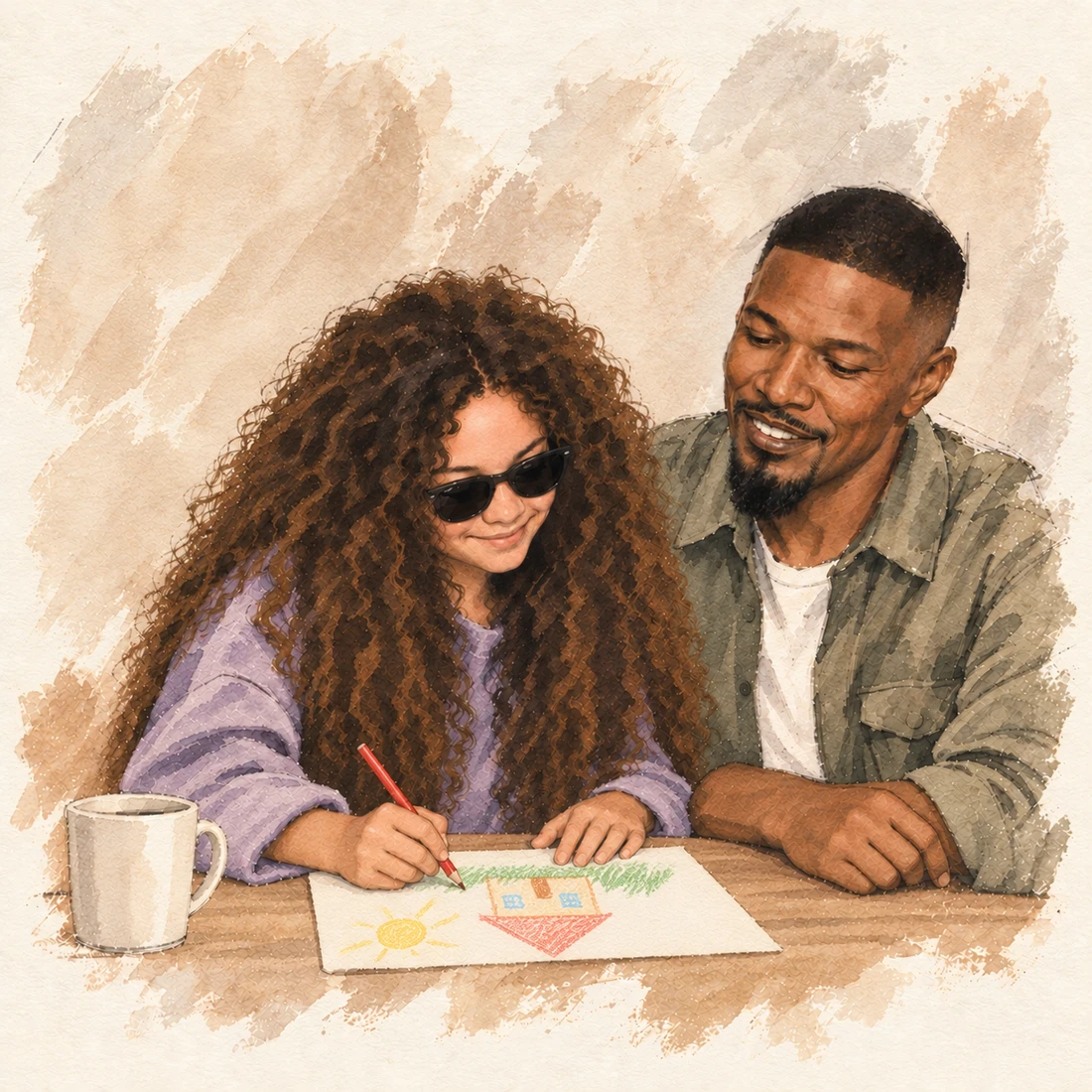 Watercolor illustration of Jamie Foxx smiling as his daughter Anelise draws a picture at the table; Anelise wears sunglasses.