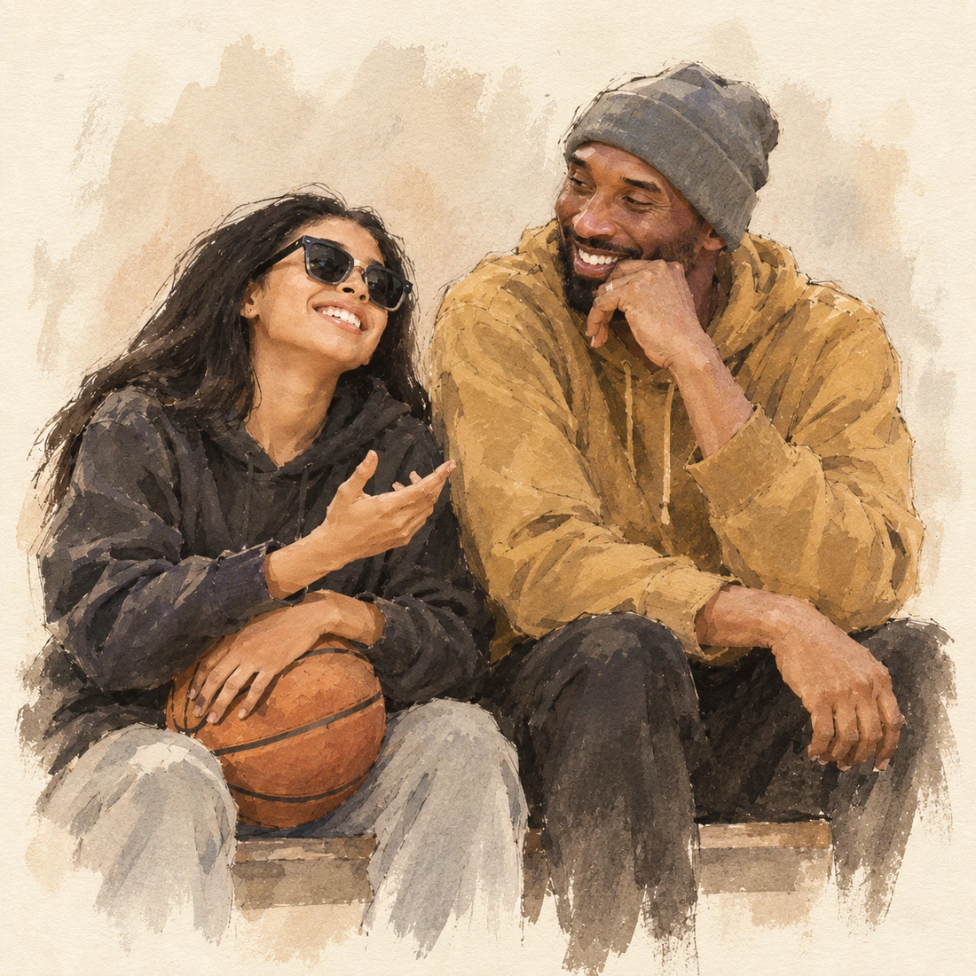 Watercolor illustration of Kobe Bryant listening to Gianna beside a basketball; Gianna wears sunglasses.