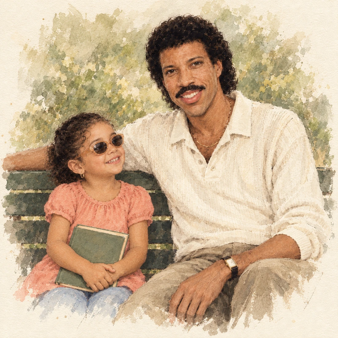 Watercolor illustration of Lionel Richie sitting with young Nicole and a closed storybook; Nicole wears sunglasses.