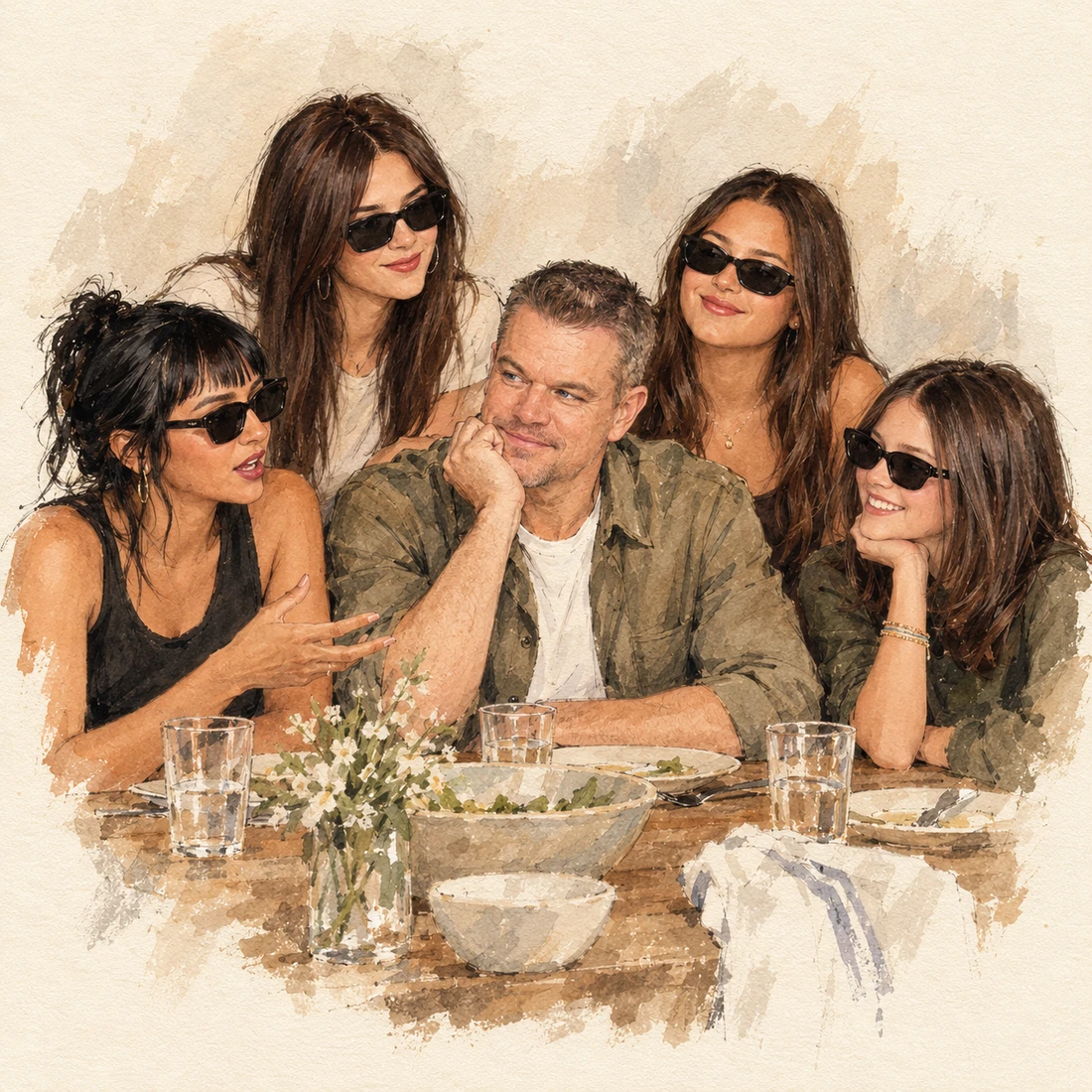 Watercolor illustration of Matt Damon listening to his four daughters around the dinner table; the daughters wear sunglasses.