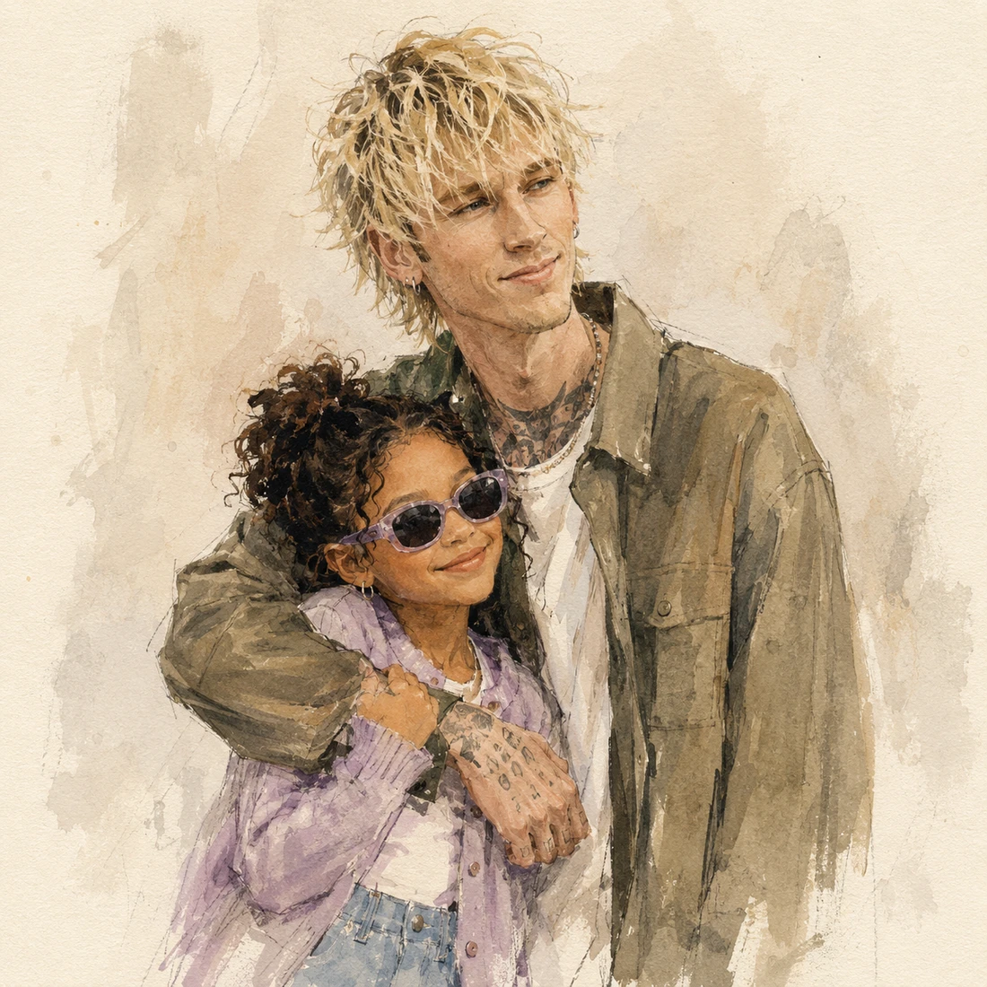 Watercolor illustration of MGK with his arm around Casie, who wears purple sunglasses.