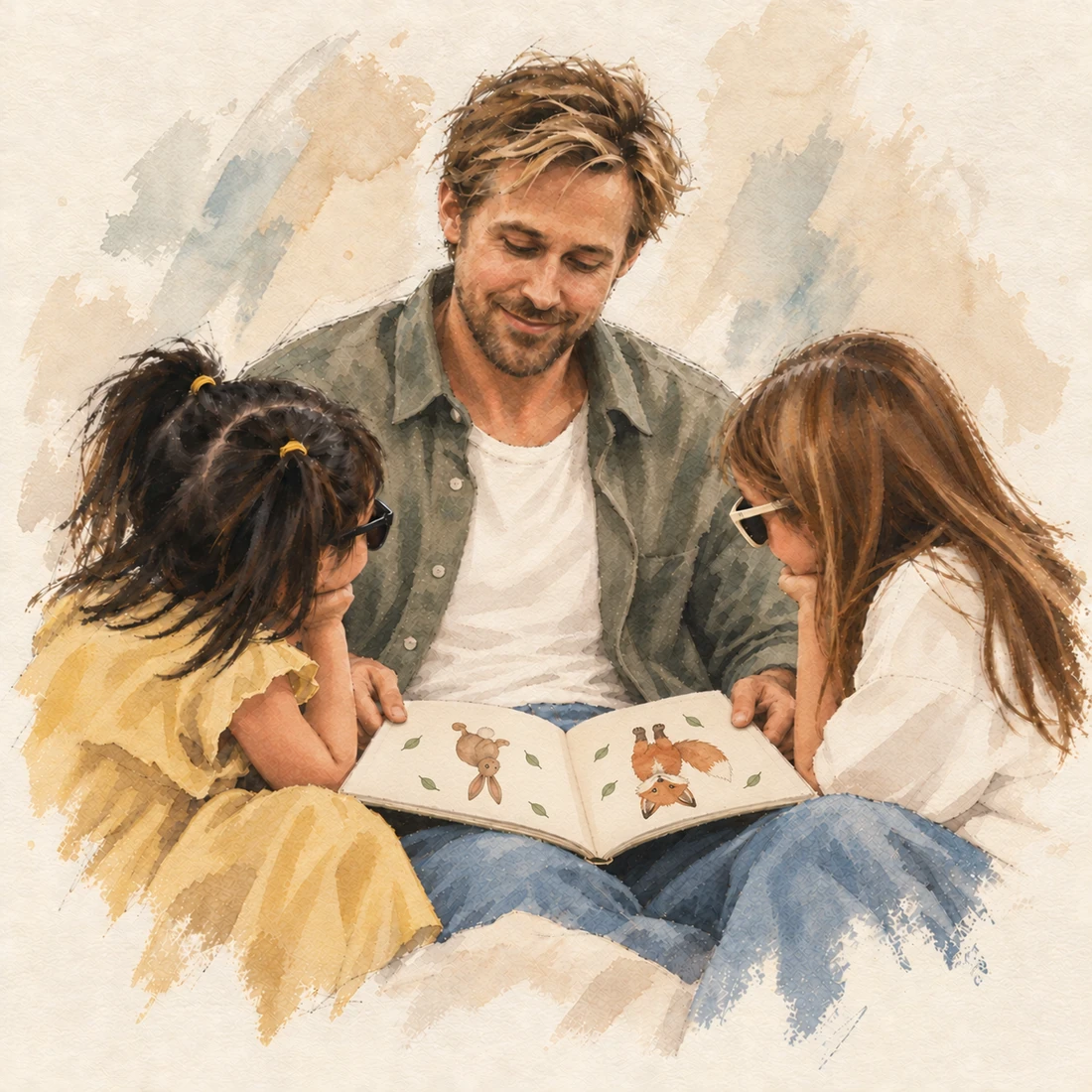 Watercolor illustration of Ryan Gosling and his daughters Esmeralda and Amada looking at an open picture book on his lap; both daughters wear sunglasses.