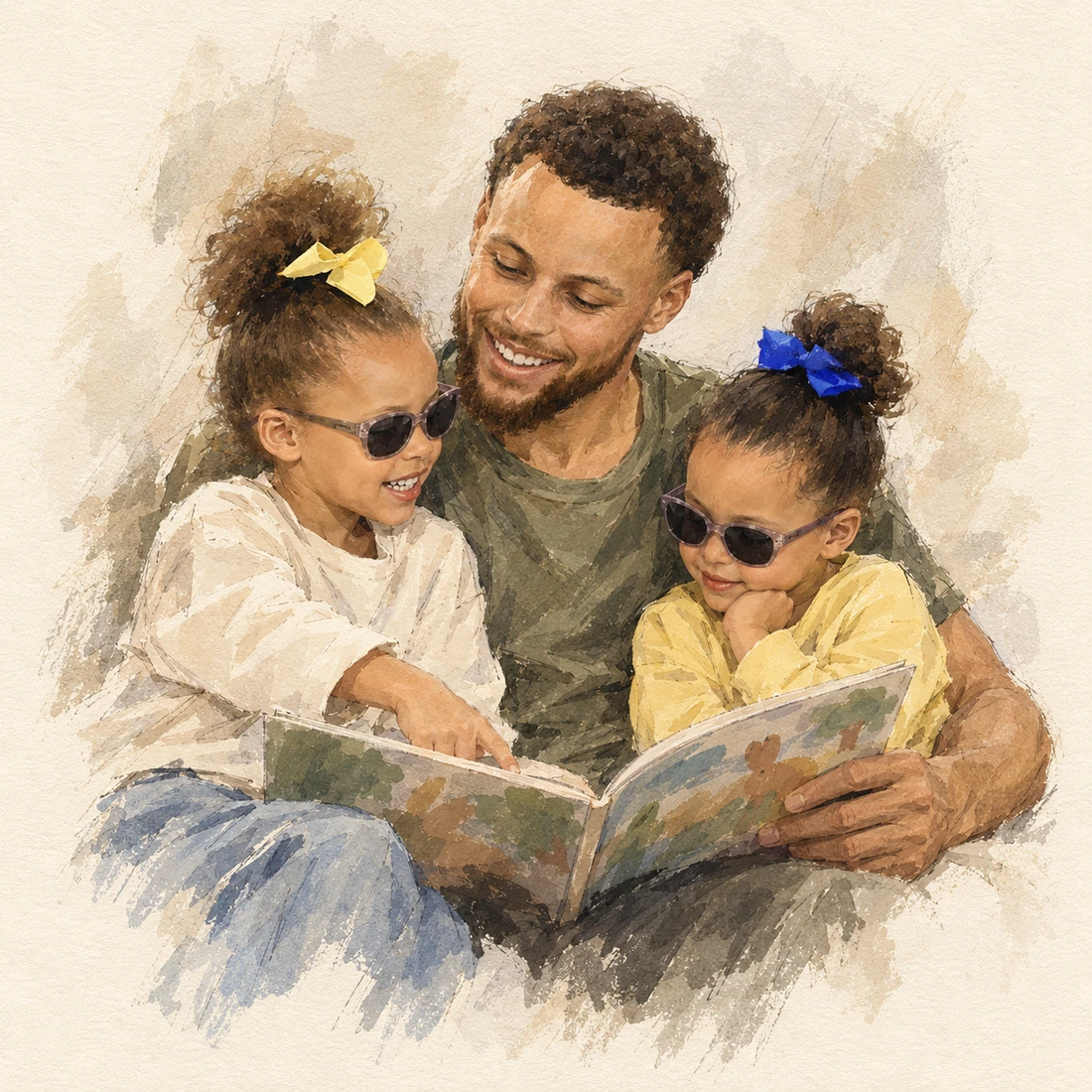 Watercolor illustration of Stephen Curry sharing a picture book with Riley and Ryan; both daughters wear sunglasses.
