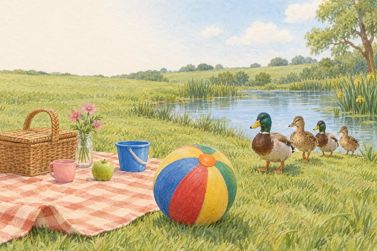 A watercolor picnic by a pond: a striped ball on the grass beside a checked blanket with a basket, a pink cup, pink flowers, a green apple and a blue bucket, and four mallard ducks walking over from the water
