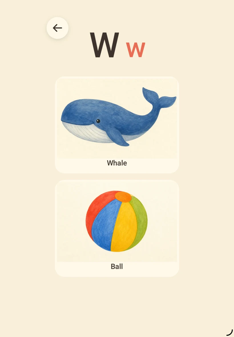 A whale and a ball in the letter W picture activity.