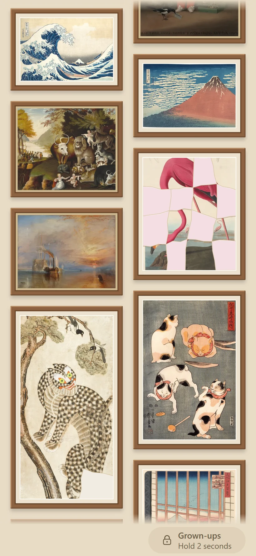 The Their First Art wall: Hokusai’s Great Wave and Red Fuji, a tiger, four cats, and a flamingo still half under paper