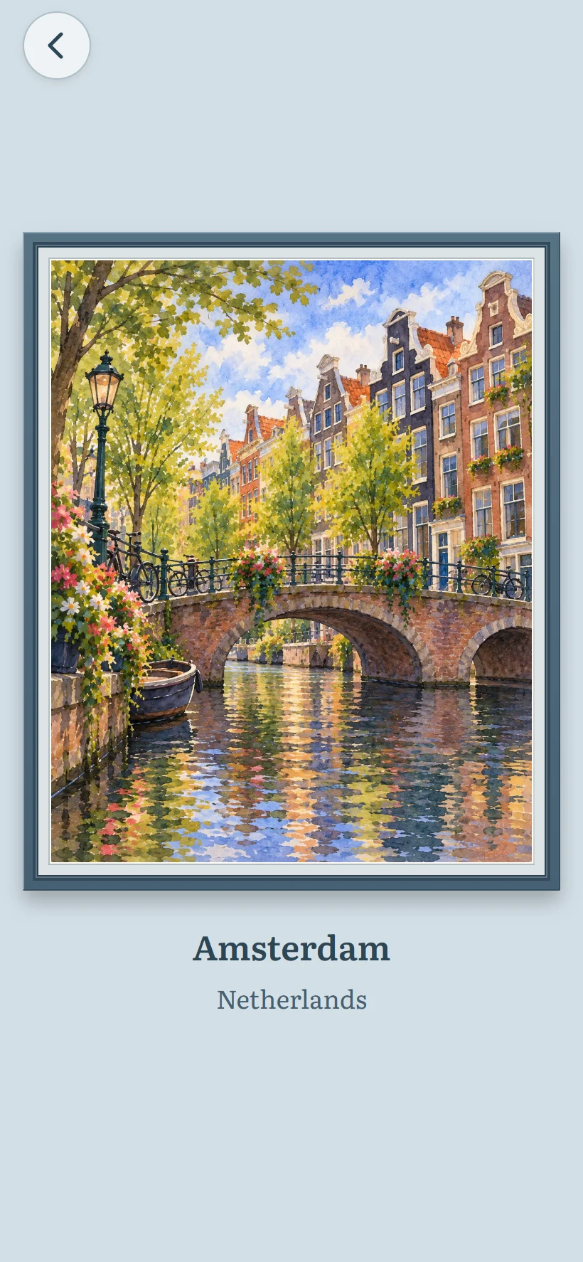 Amsterdam fully painted, with its label: Amsterdam. Netherlands.