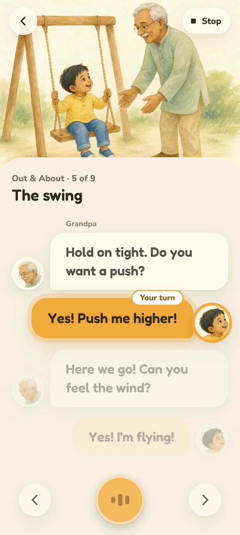 The swing scene for Big Kids: four lines between Grandpa and his grandson, with the child’s answer, “Yes! Push me higher!”, glowing for his turn.