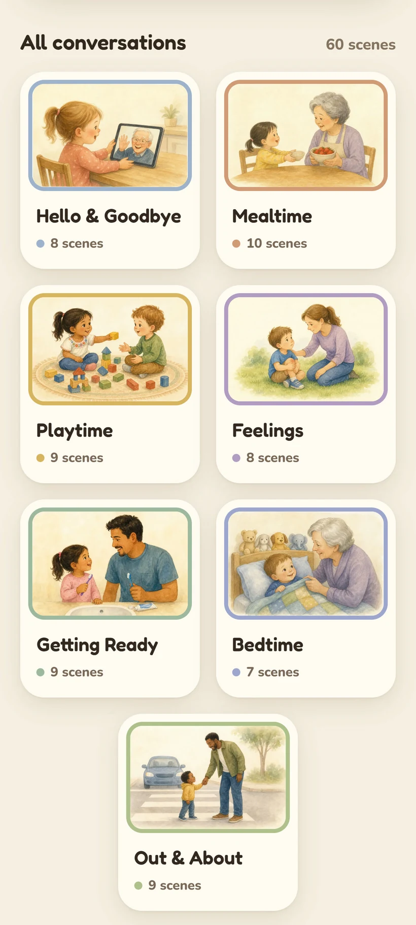 The home screen with seven everyday situations as paintings, from Hello & Goodbye to Out & About.