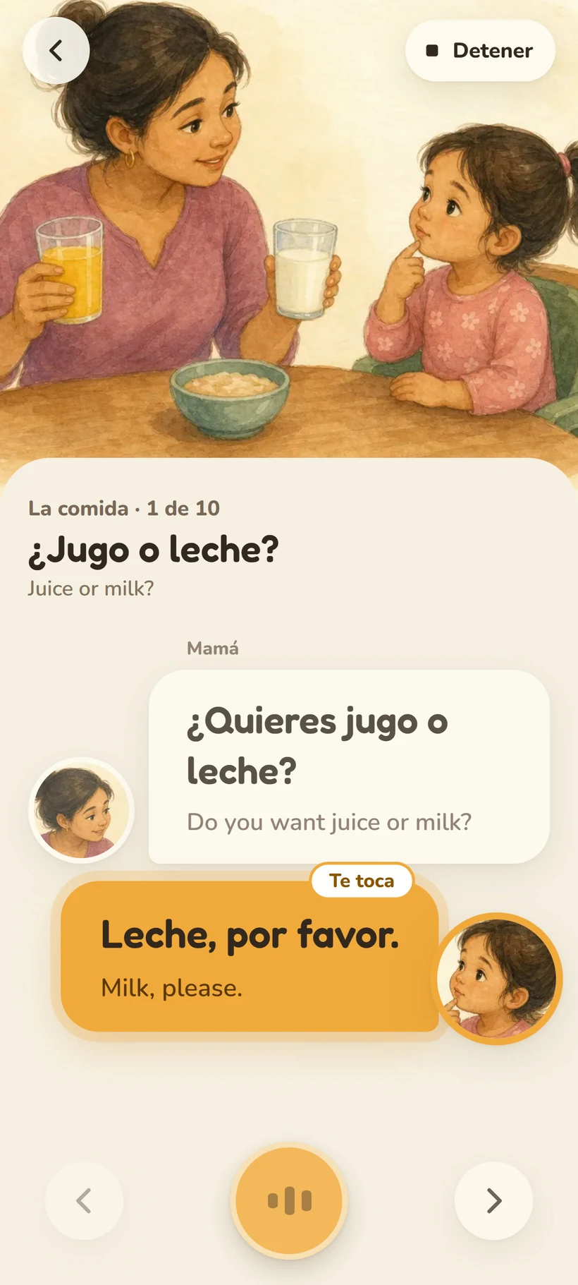 The Juice or milk? scene in Spanish, with English under each line and the child’s answer, “Leche, por favor,” glowing.