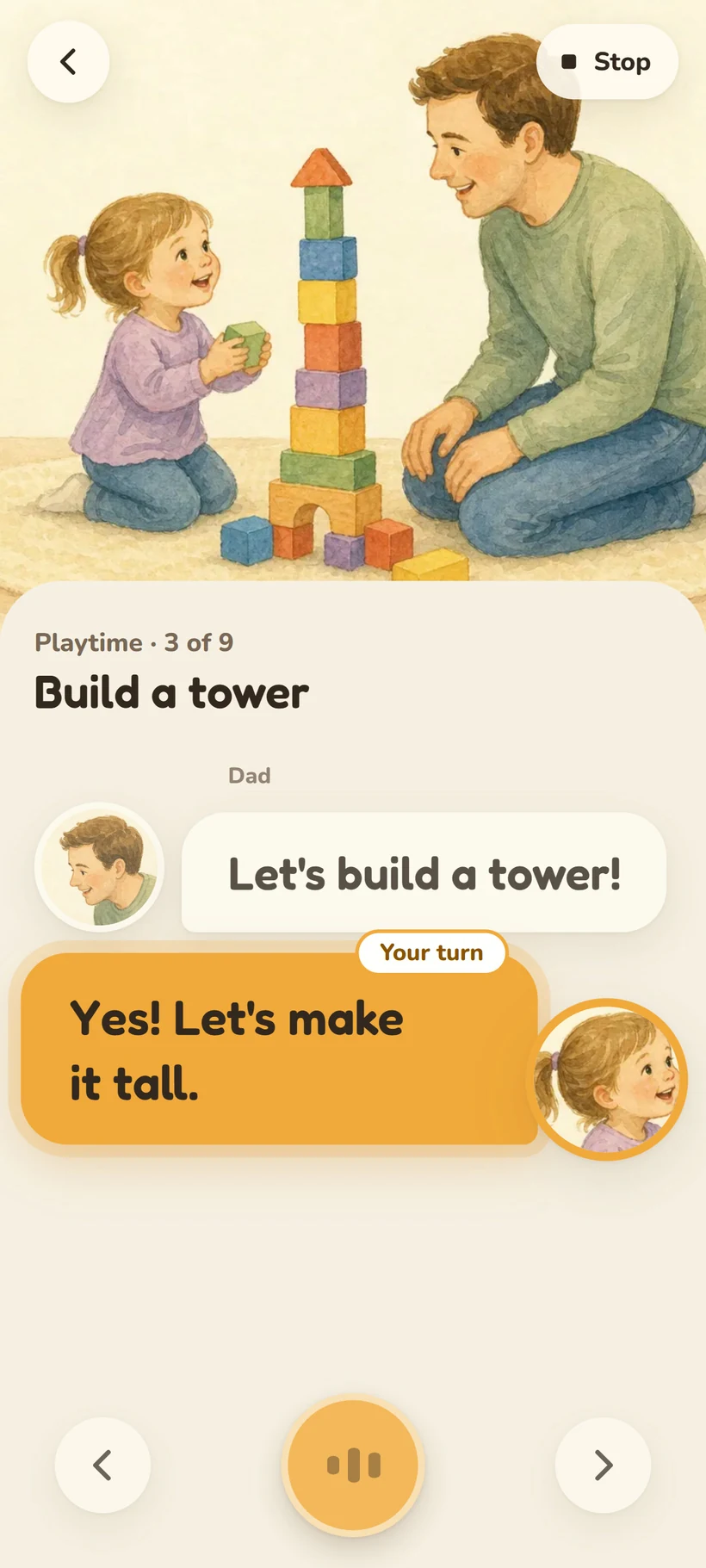 The Build a tower scene: Dad says “Let’s build a tower!” and the child’s line, “Yes! Let’s make it tall,” glows in marigold for their turn.