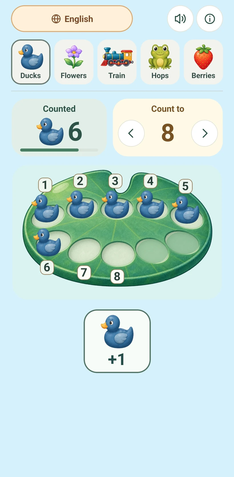 Enten auf einem Floß und Teddybären in einem Zug in Their First Counting