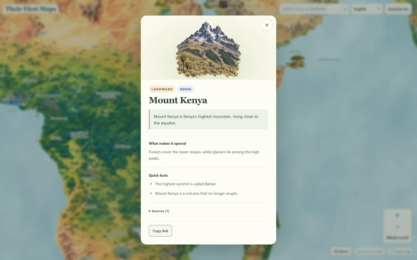 The Mount Kenya story card open over the map, with a painting, what makes it special, quick facts, and sources.
