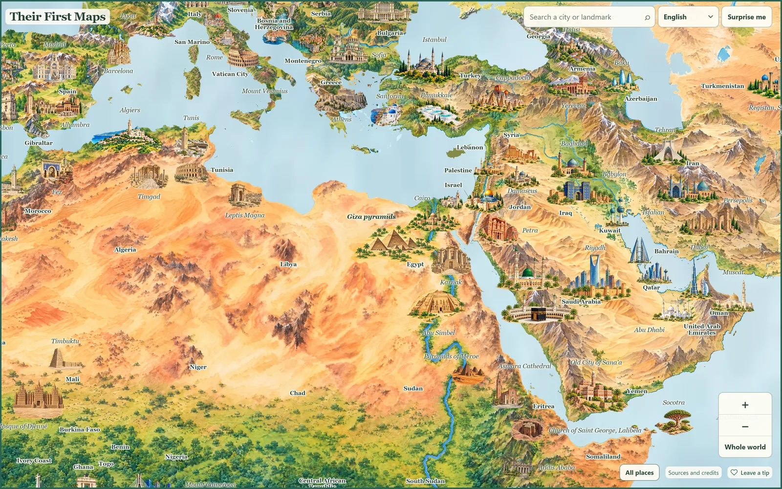The map zoomed in on the Mediterranean and the Middle East, with painted landmarks from the Giza pyramids to Petra.