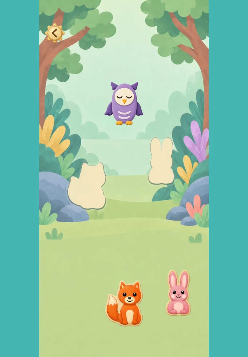 An owl at home in the forest, with a fox and rabbit waiting to be matched to their shapes.