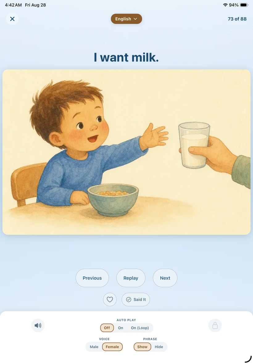 Eine Satzkarte auf Englisch und eine auf Spanisch in der App Their First Words