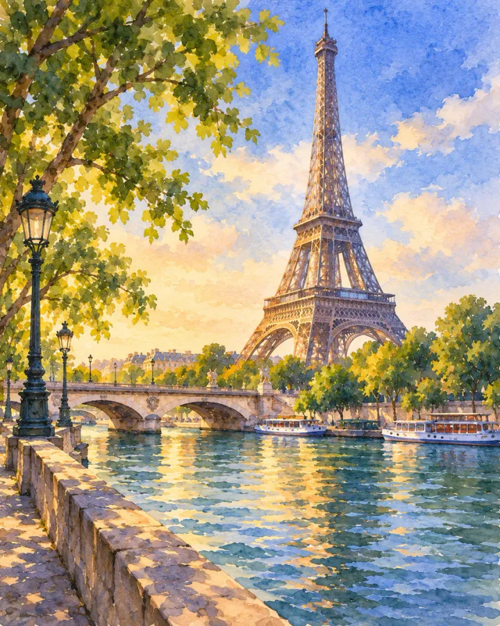 Paris, a watercolor, half under torn paper