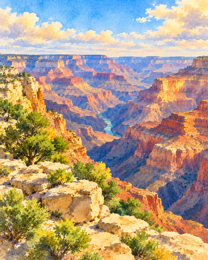 The Grand Canyon, a watercolor, half under torn paper