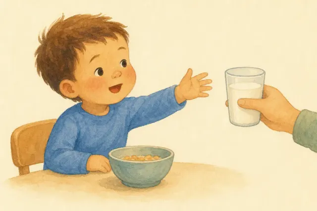 A watercolor child at the table reaching for a glass of milk — the phrase card for I want milk