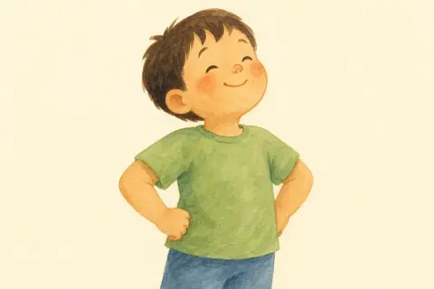 A child standing tall, hands on hips — the word card for proud