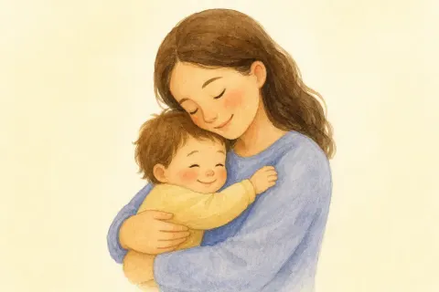 A mother holding her child, the illustration on the mamá card