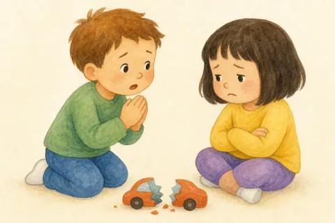 A watercolor child saying sorry to another child beside a broken toy car — the word card for apologize