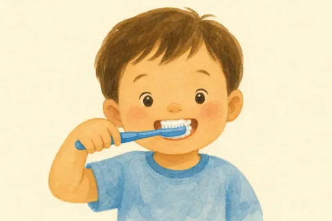 A watercolor child brushing their teeth — the word card for brush teeth