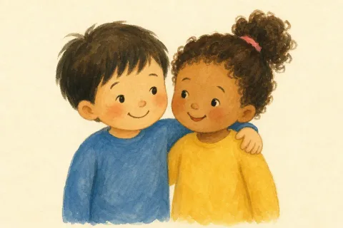 Two watercolor children standing arm in arm — the word card for friend