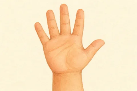 A watercolor open hand, palm out — the word card for hand