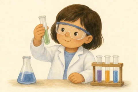 A watercolor child in a lab coat and goggles holding a flask — the word card for scientist