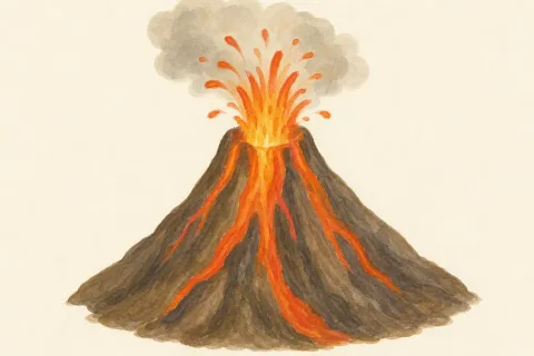 A watercolor volcano erupting — the word card for volcano