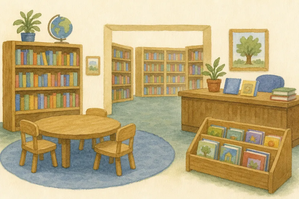Illustrated library flashcard