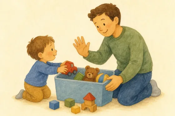 Say bye-bye to the toys. — the illustration on its card