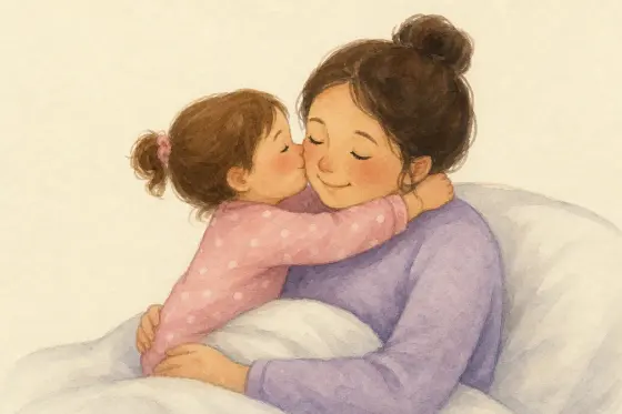 A child kissing a parent’s cheek — the illustration on the 사랑해요 card