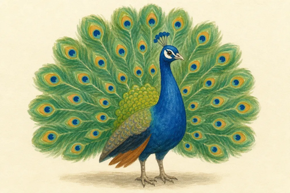 An illustrated peacock flashcard from Their First Words