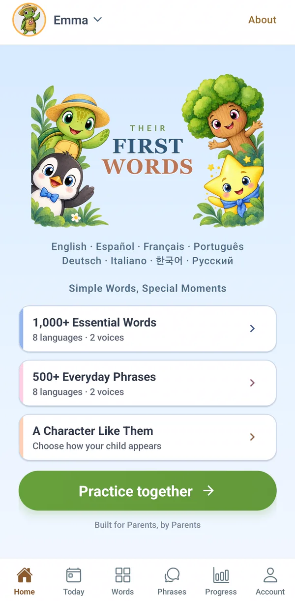 The app's Home screen: the Their First Words family, the eight languages, and a Practice together button