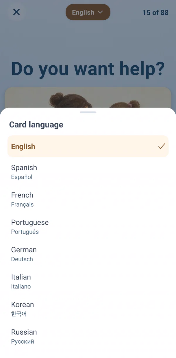 The card language sheet listing English, Spanish, French, Portuguese, German, Italian, Korean, and Russian