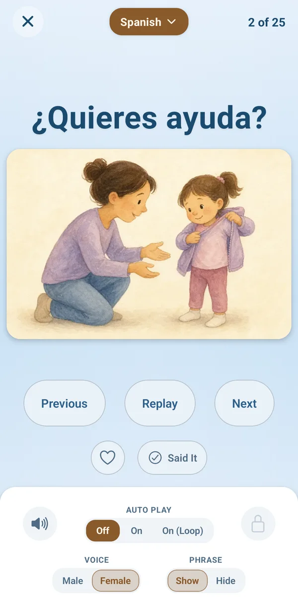 A phrase card in the app switched to Spanish: ¿Quieres ayuda? above a watercolor of a mother kneeling to help her daughter with a jacket, with Replay, Said It, voice and Auto Play controls