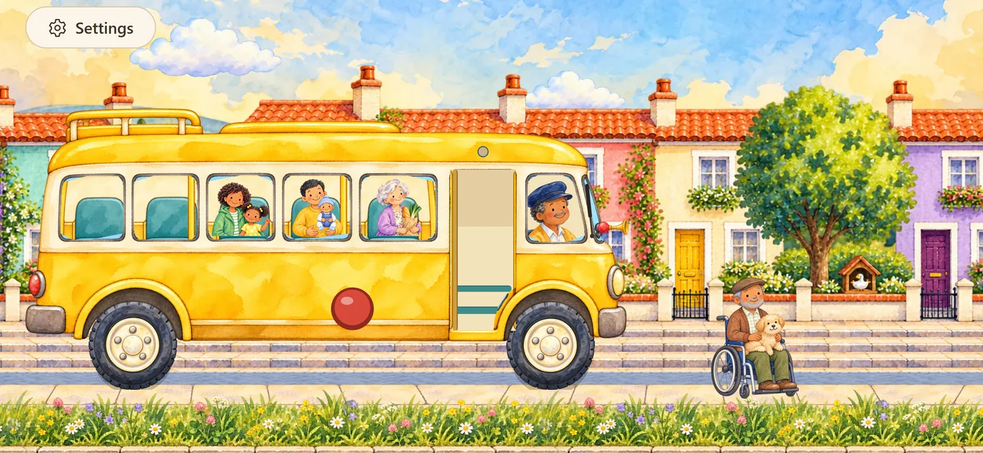Morning on Home Street: Mom with the girl, Dad with the baby and Grandma in their windows, Grandpa and his dog waiting at the stop.