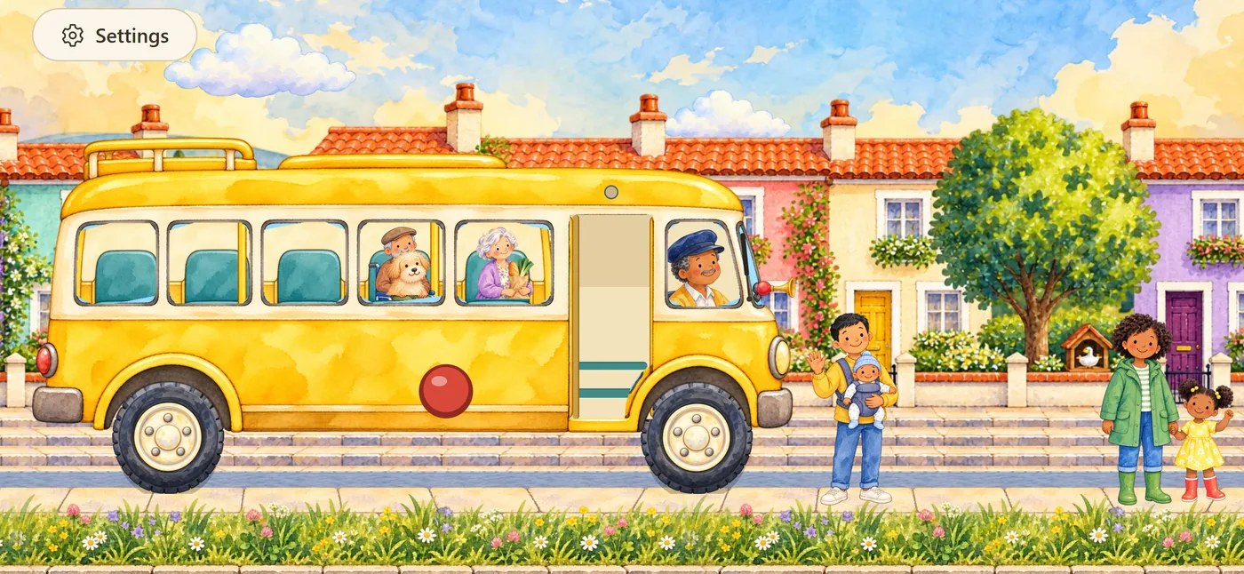 Morning on Home Street: Grandpa with his dog and Grandma in the windows of the yellow bus, Dad with the baby and Mom with the girl waiting at the stop.