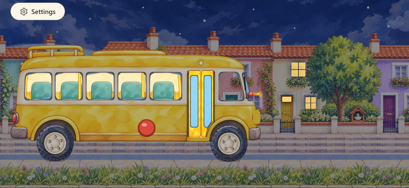 Night on Home Street: everyone home, the bus asleep with its headlights closed.