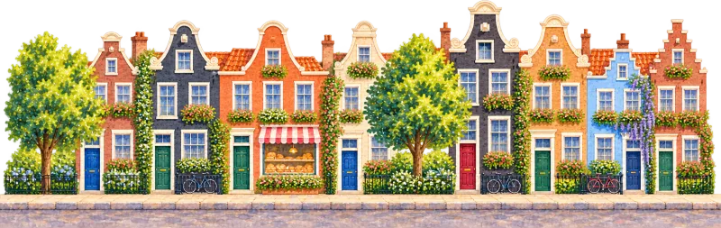 The painted bus street in Amsterdam, with tall gabled canal houses behind.
